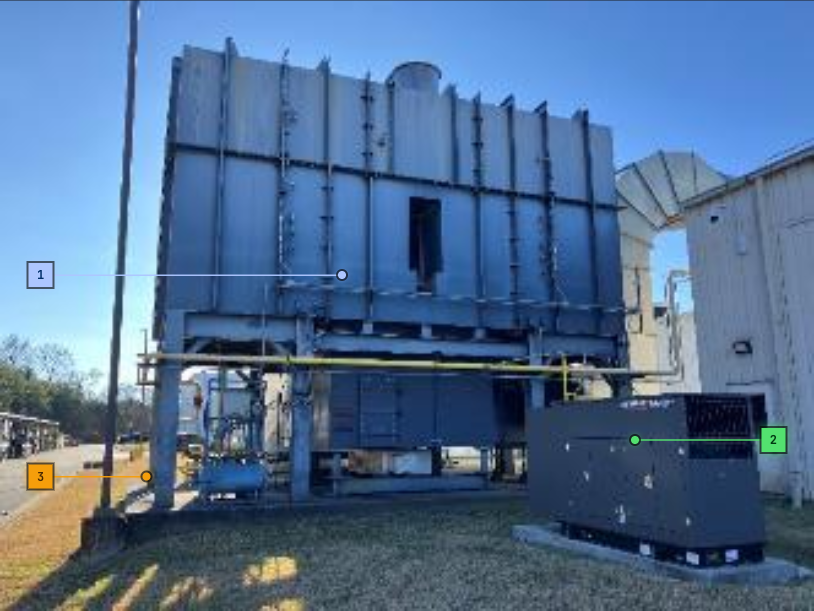 AI-annotated photo of a regenerative thermal oxidizer with labelled callouts