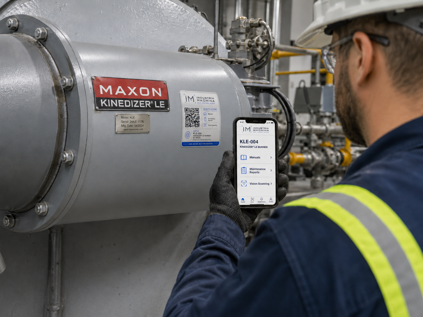 Field technician scanning the sticker on a Maxon Kinedizer burner
